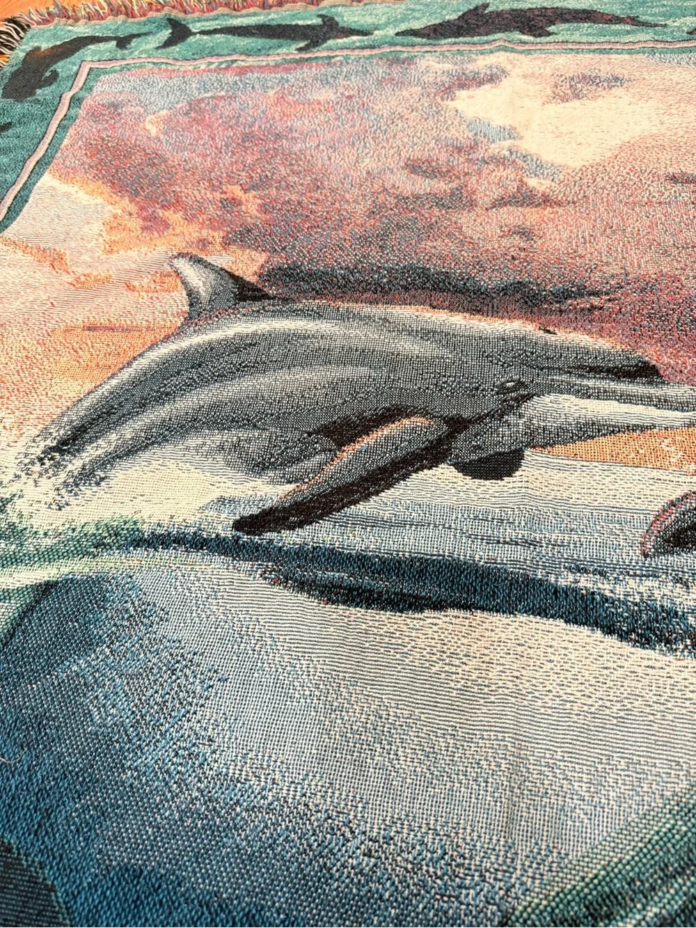 Vintage tapestry Dolphin Coastal Throw Blanket - Teal & Blue 54x48